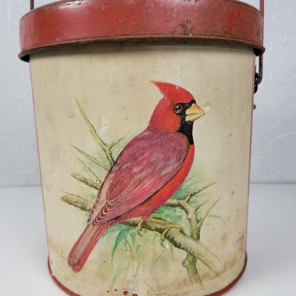 Vintage Keller-Charles Cardinal Bird Decorative Tin Bucket with Lid and Handle - Picture 3 of 16